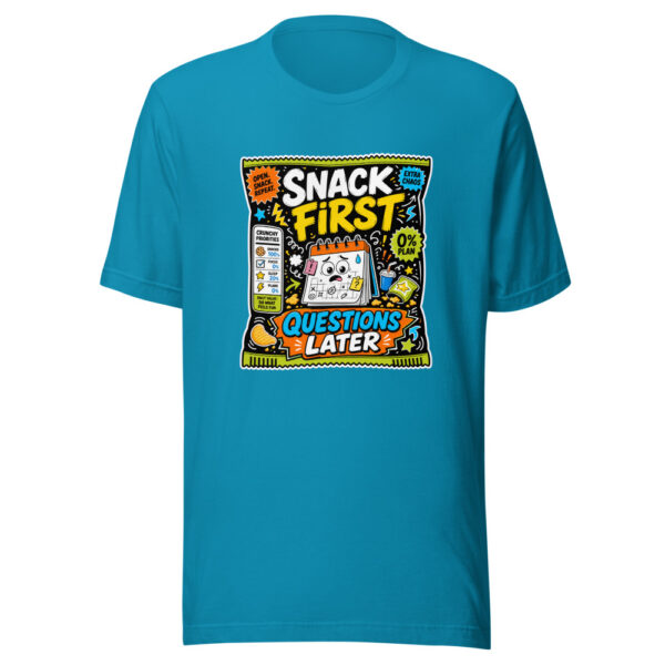 Snack First Questions Later Graphic Tee mockup 2