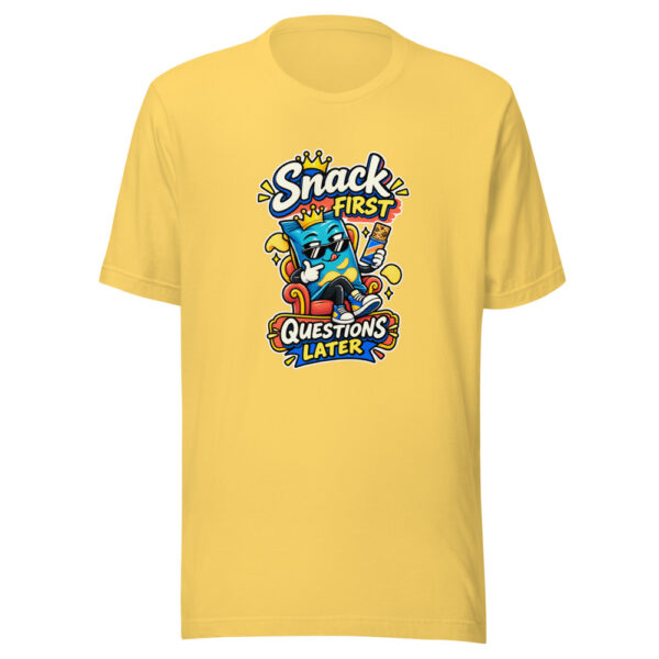 Snack First Questions Later Graphic Tee front view